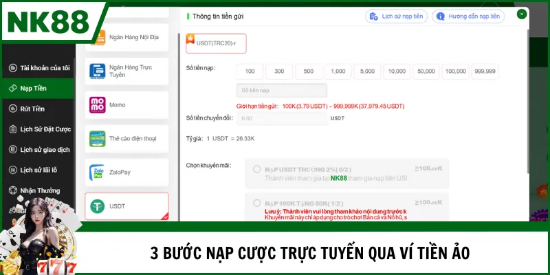 3 bước nạp cược trực tuyến qua ví tiền ảo